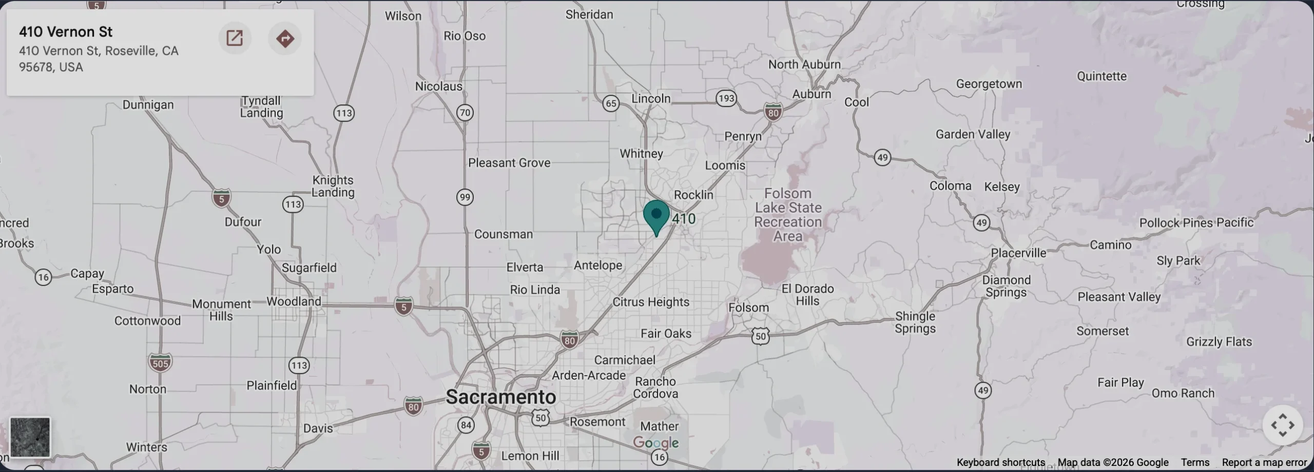 Map showing Varozza Bail Bonds location at 410 Vernon Street in Roseville, California
